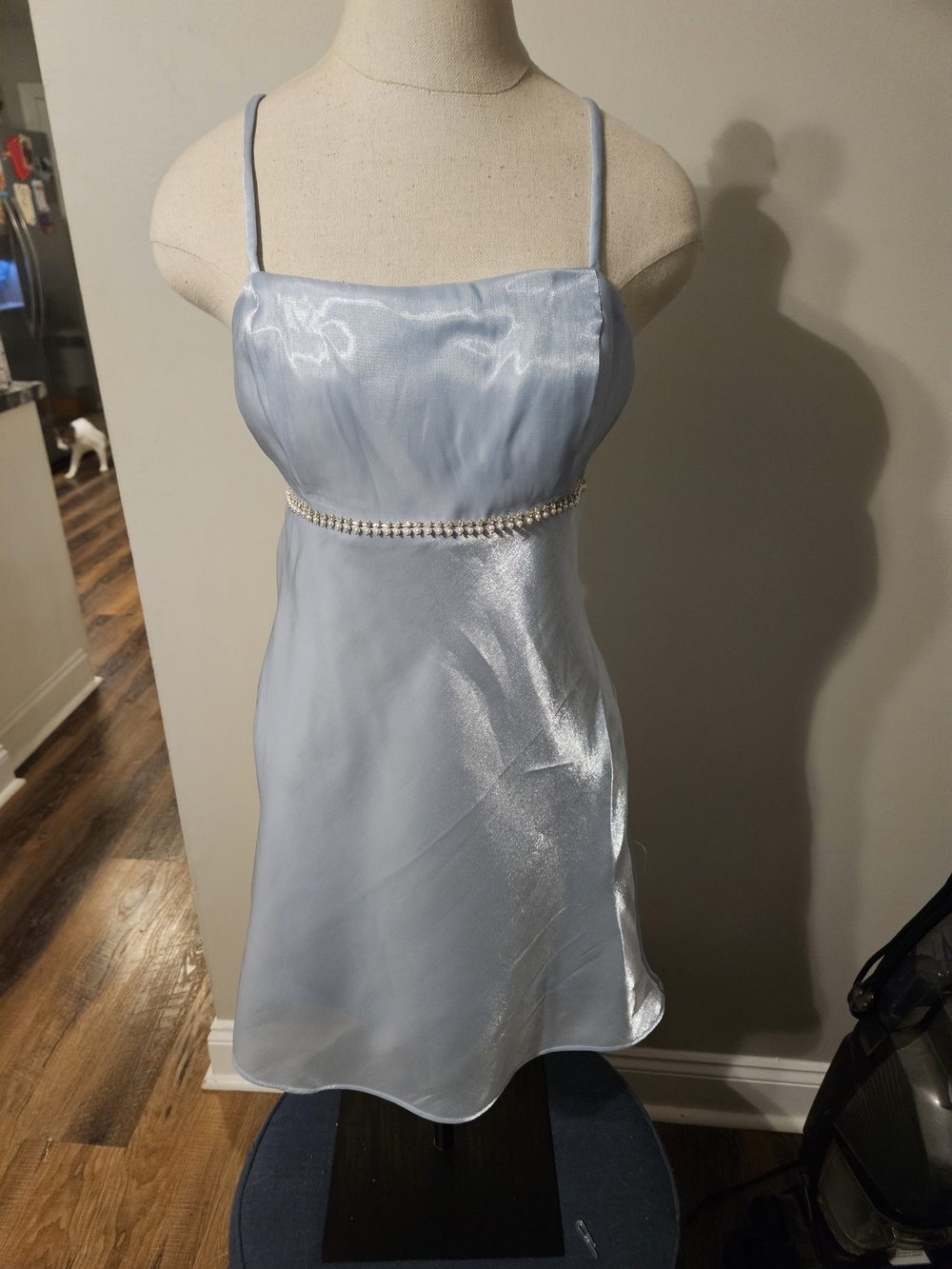 Light Blue Satin Mini Dress with Empire Waist Bridgerton Dress